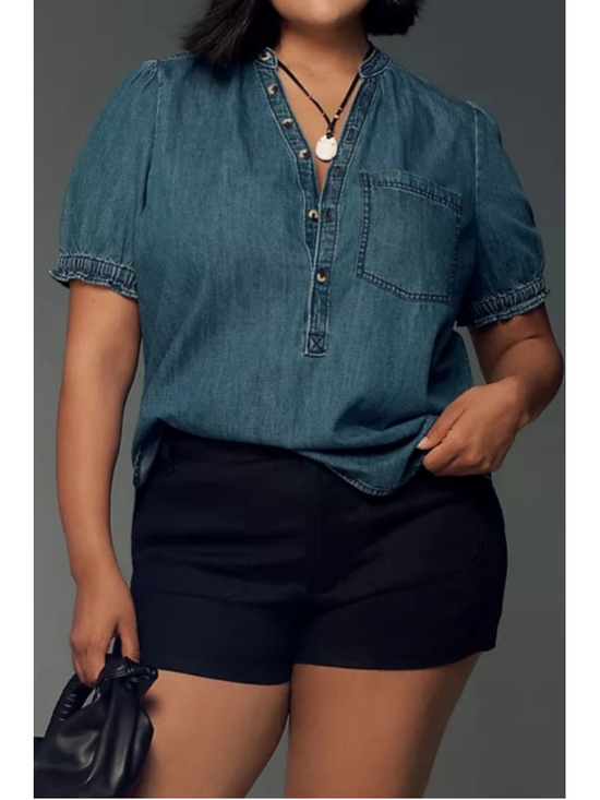 Anthropologie Tops - Anthropolgie Aly Denim Puff-Sleeve Blouse Women's Size XL Pilcro White Stitch